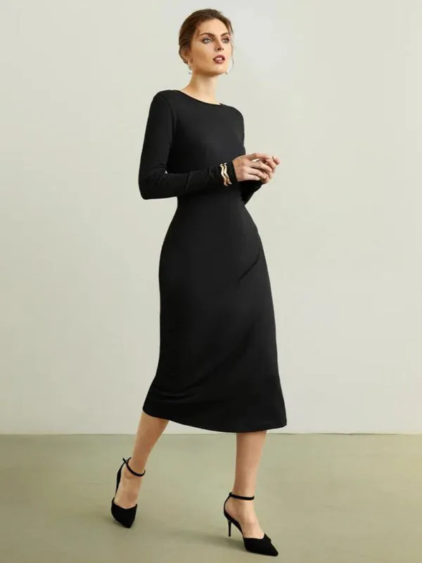 Bodycon Midi Dress with Long Sleeves and Slim Fit