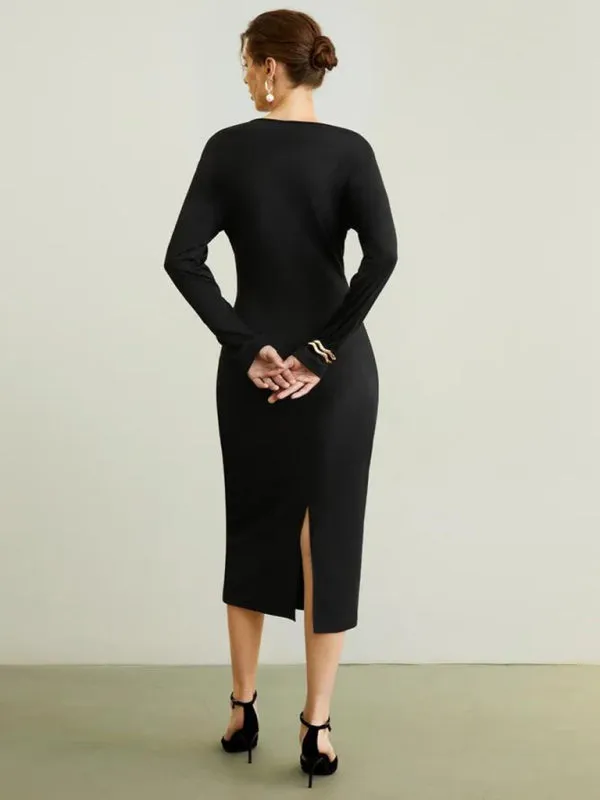 Bodycon Midi Dress with Long Sleeves and Slim Fit