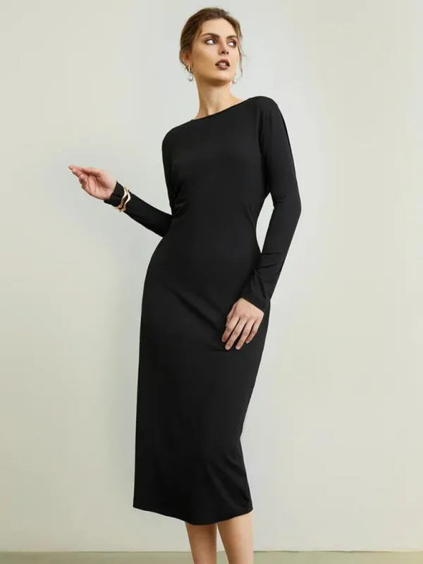 Bodycon Midi Dress with Long Sleeves and Slim Fit