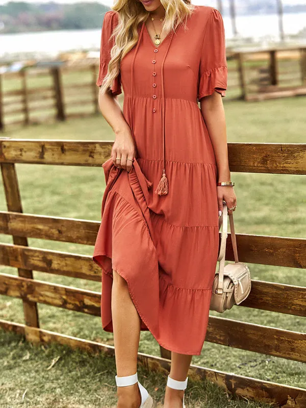 Bohemian Tiered Midi Dress with Tassel Ties and V-Neck