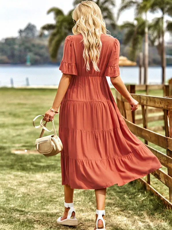 Bohemian Tiered Midi Dress with Tassel Ties and V-Neck