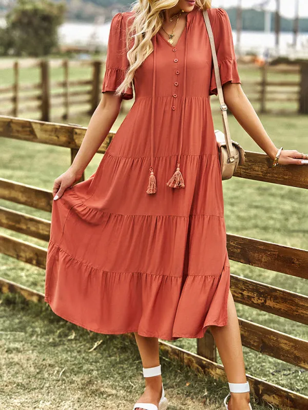 Bohemian Tiered Midi Dress with Tassel Ties and V-Neck