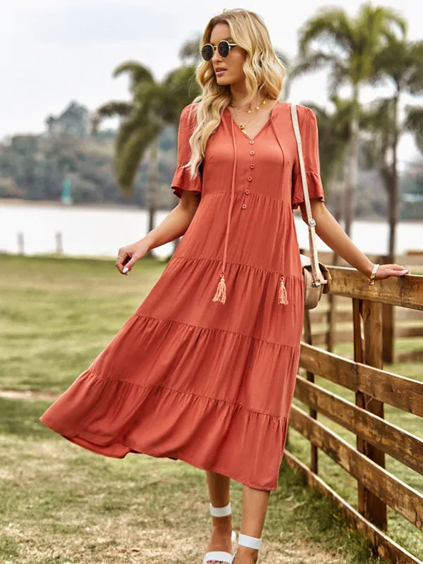 Bohemian Tiered Midi Dress with Tassel Ties and V-Neck
