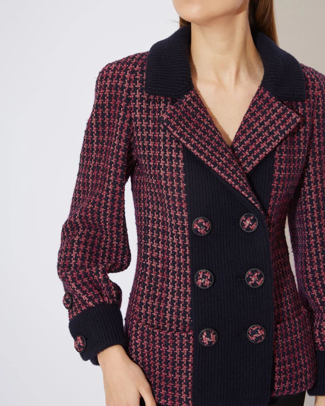 Bordeaux Marineblau Tweed Bomber Jacket
