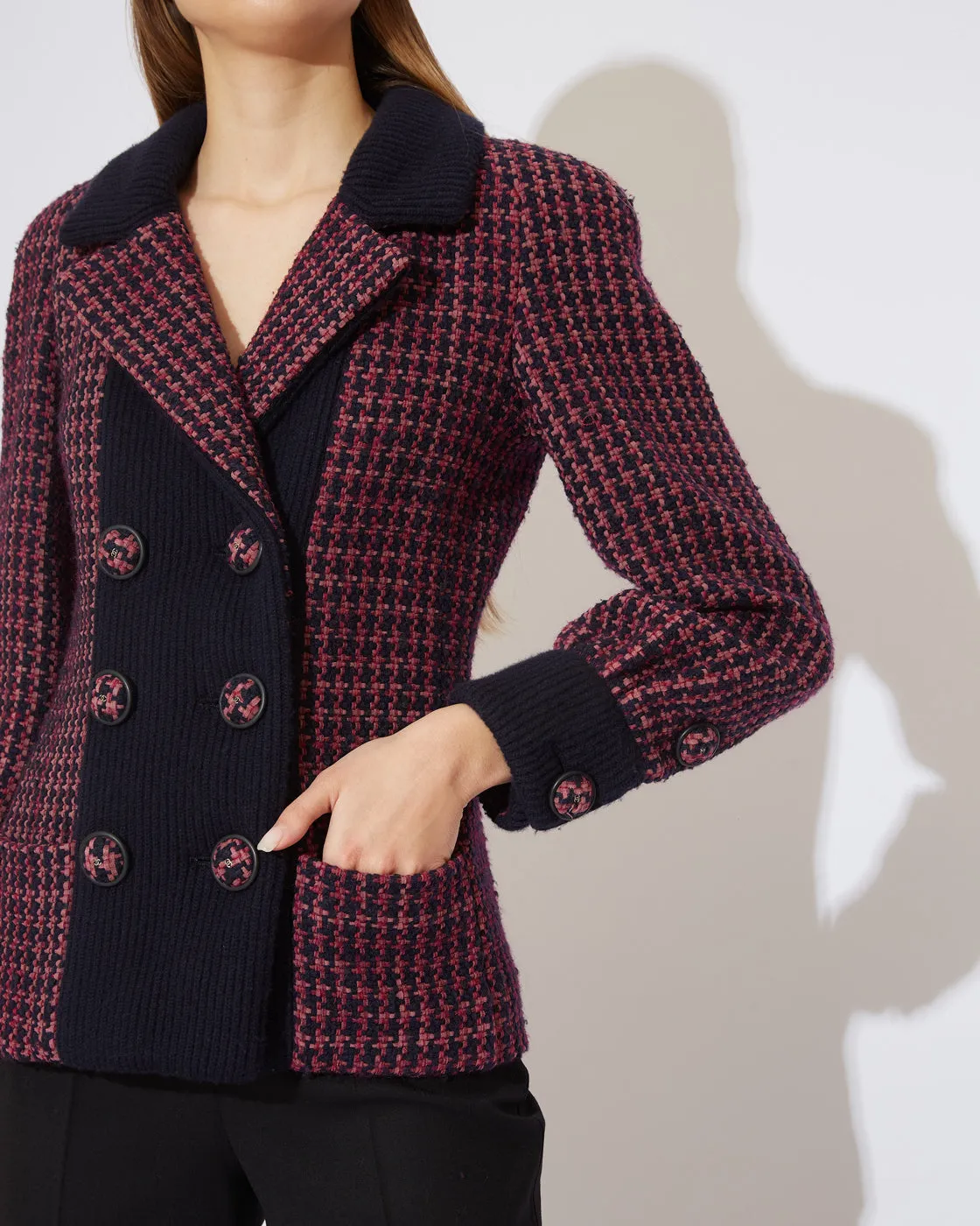 Bordeaux Marineblau Tweed Bomber Jacket
