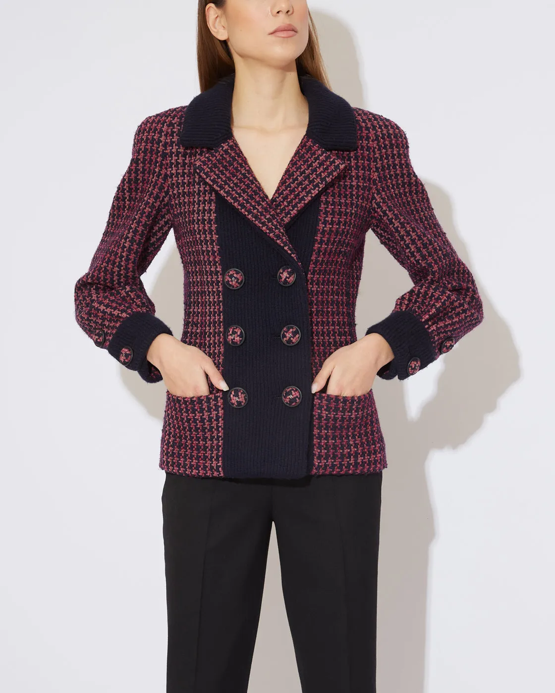 Bordeaux Marineblau Tweed Bomber Jacket