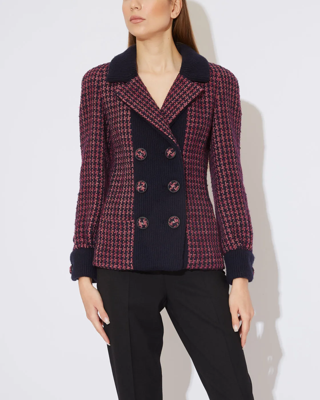 Bordeaux Marineblau Tweed Bomber Jacket