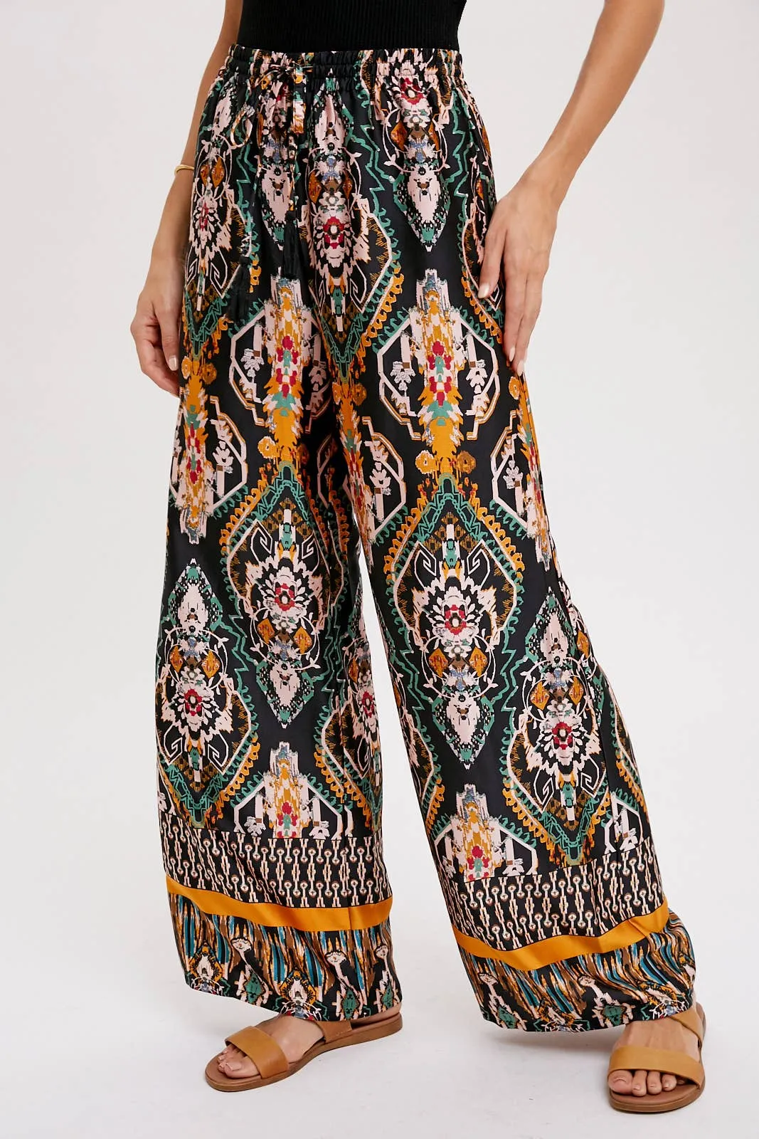 BORDER PRINT WIDE LEG PANTS