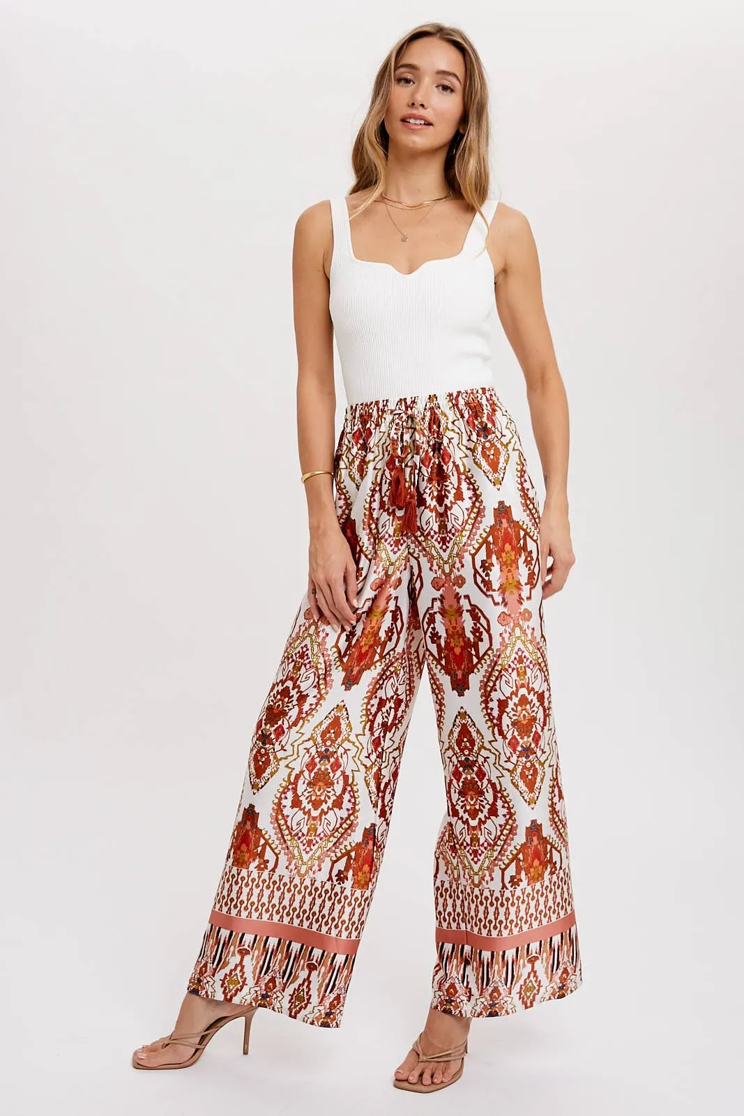 BORDER PRINT WIDE LEG PANTS