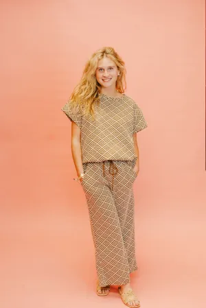 Brown Cropped Wide Texture Pants P7305