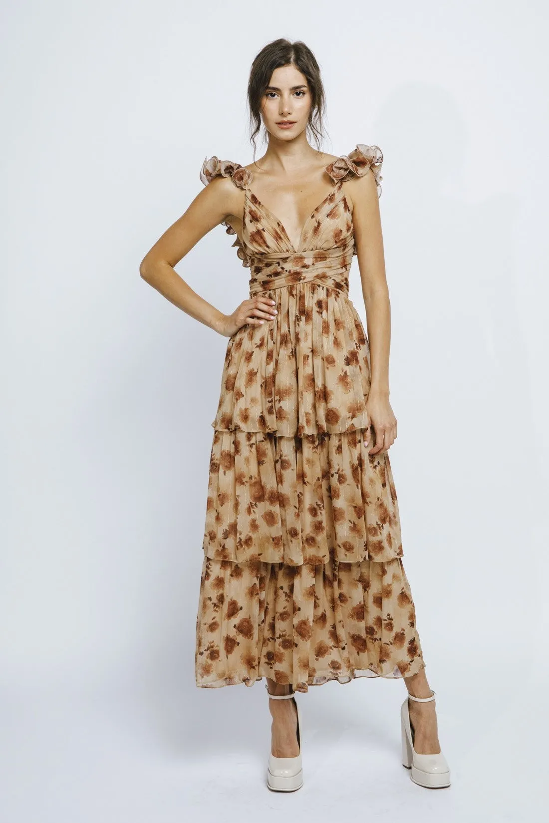 Brown Rose And Lurex Stripes Ruffled Maxi Dress LD2283-6