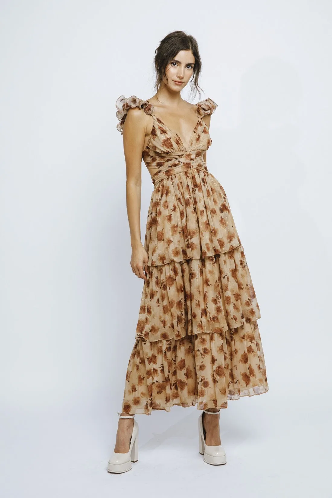 Brown Rose And Lurex Stripes Ruffled Maxi Dress LD2283-6