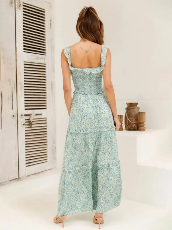 Bust-Wrapped Maxi Dress with Off-Shoulder Floral Print