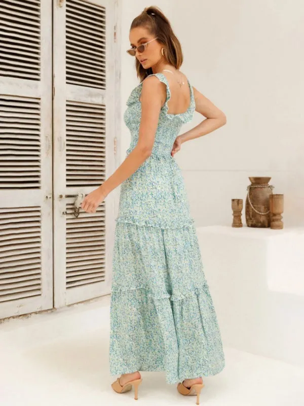 Bust-Wrapped Maxi Dress with Off-Shoulder Floral Print