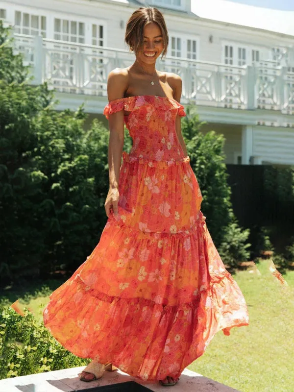 Bust-Wrapped Maxi Dress with Off-Shoulder Floral Print