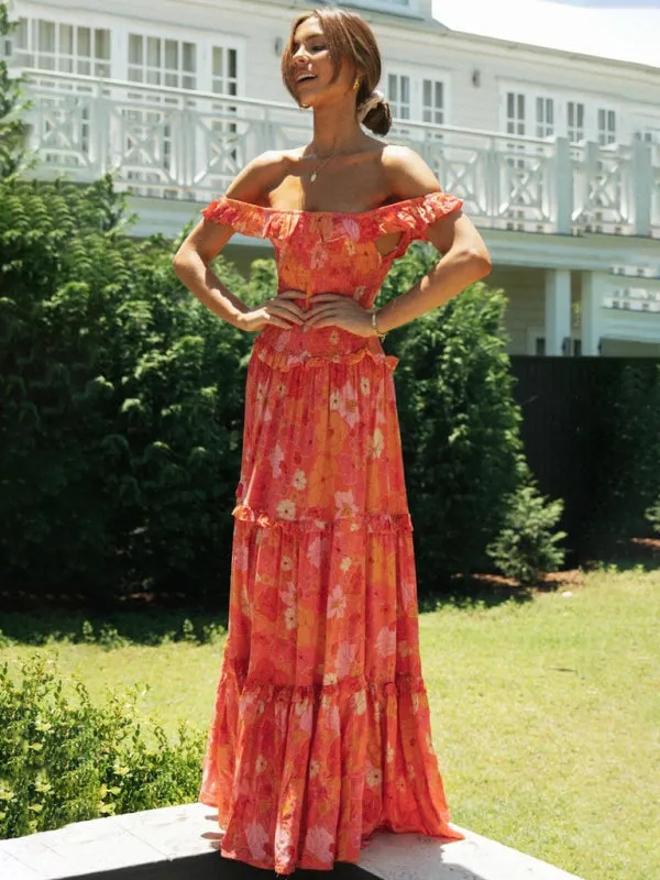 Bust-Wrapped Maxi Dress with Off-Shoulder Floral Print