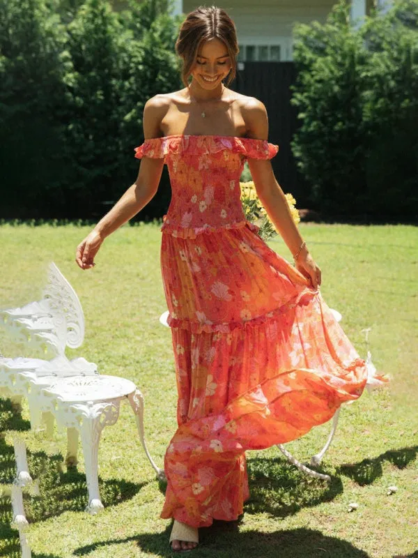 Bust-Wrapped Maxi Dress with Off-Shoulder Floral Print