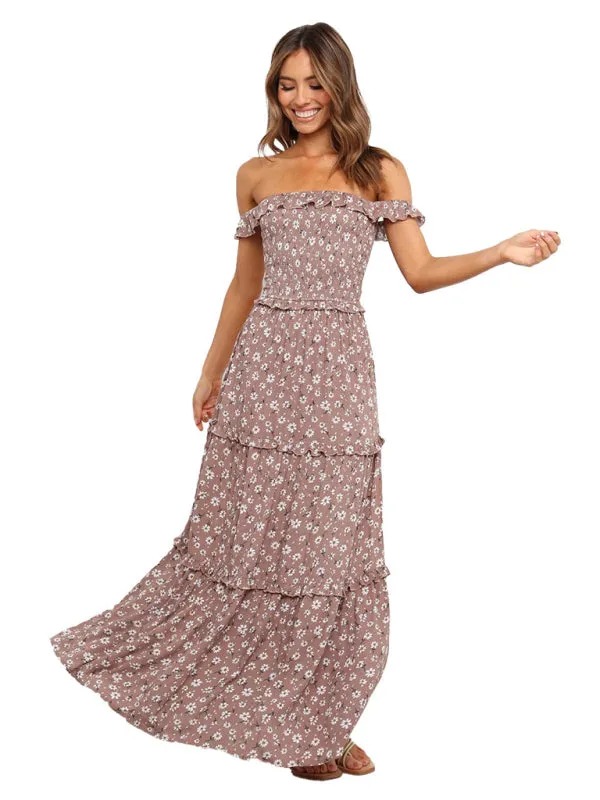 Bust-Wrapped Maxi Dress with Off-Shoulder Floral Print