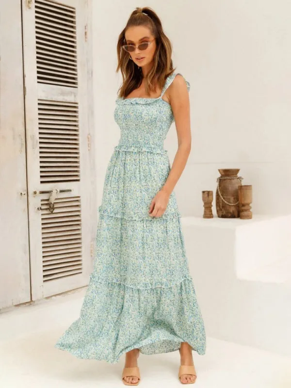 Bust-Wrapped Maxi Dress with Off-Shoulder Floral Print