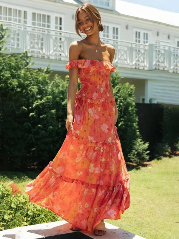 Bust-Wrapped Maxi Dress with Off-Shoulder Floral Print