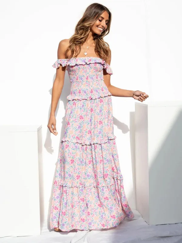 Bust-Wrapped Maxi Dress with Off-Shoulder Floral Print
