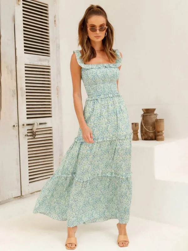 Bust-Wrapped Maxi Dress with Off-Shoulder Floral Print
