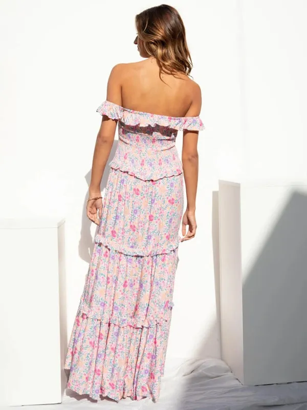 Bust-Wrapped Maxi Dress with Off-Shoulder Floral Print