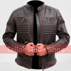 Buy Brown Leather Biker Racers Jacket for Men, Leather Apparel, Fashion Jacket
