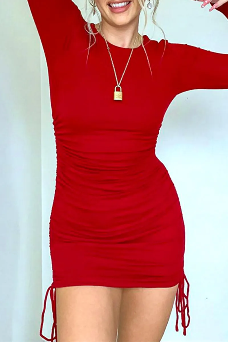 Casual Solid Draw String Fold O Neck Wrapped Skirt Dresses(10 Colors)