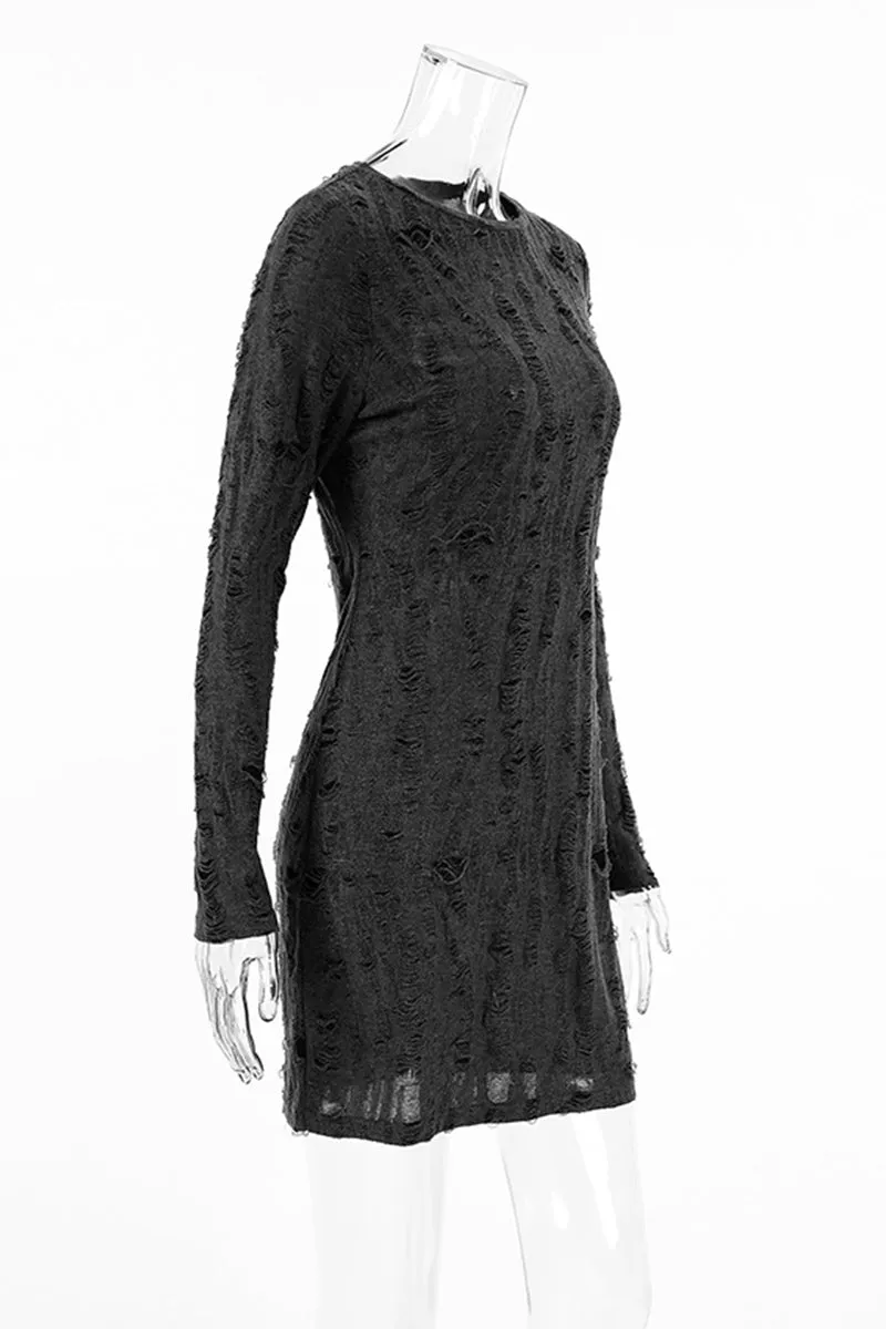 Casual Street Ripped Distressed O Neck Wrapped Skirt Dresses
