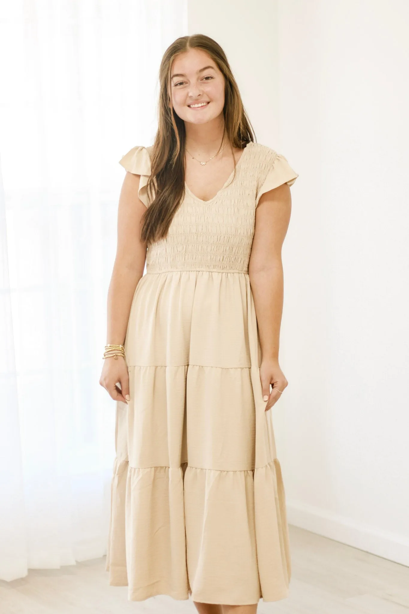 Catching the Sun Smocked Dress in Khaki