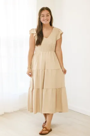 Catching the Sun Smocked Dress in Khaki