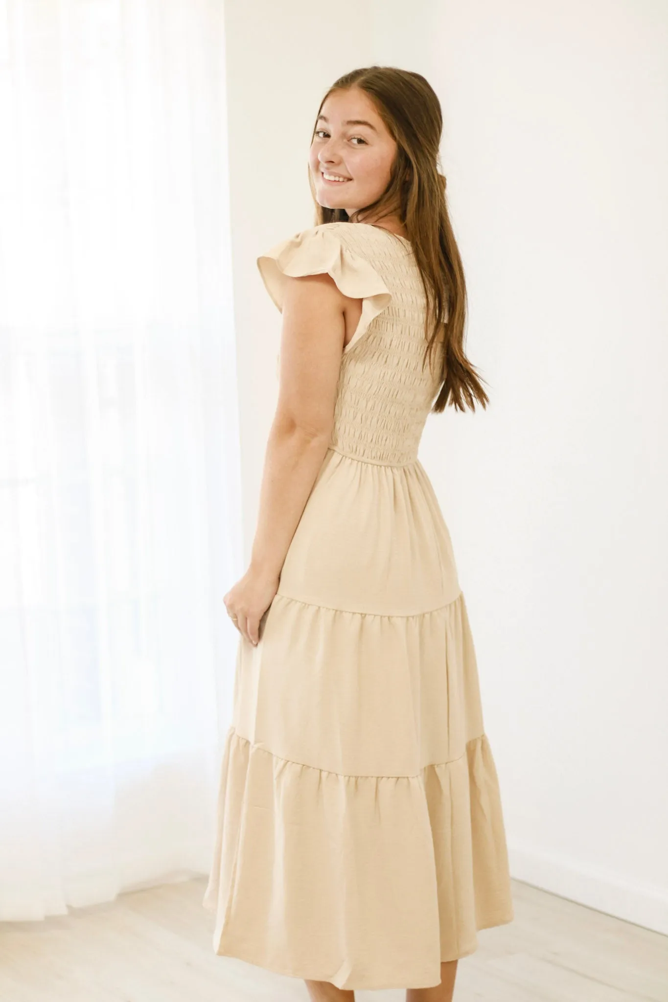 Catching the Sun Smocked Dress in Khaki