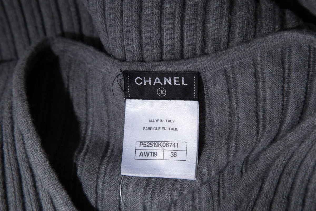 Chanel Grey Wool 2015 Midi Length V-Neck Dress SZ 36