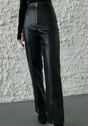 Chic High-Waisted Faux Leather Wide-Leg Pants with Zipper Details