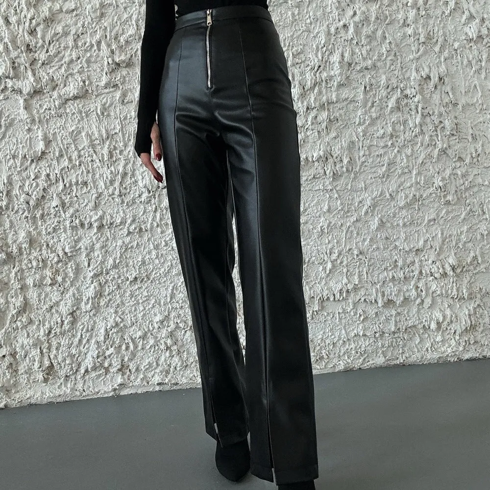 Chic High-Waisted Faux Leather Wide-Leg Pants with Zipper Details