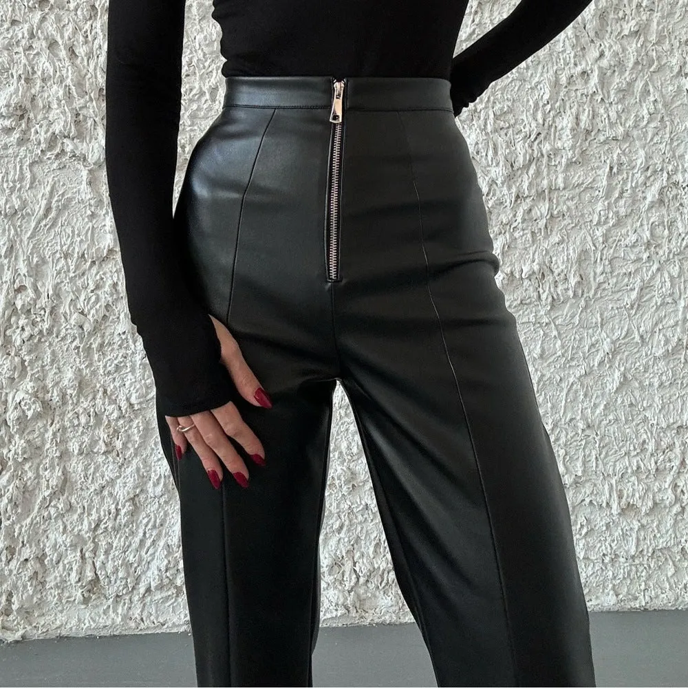 Chic High-Waisted Faux Leather Wide-Leg Pants with Zipper Details