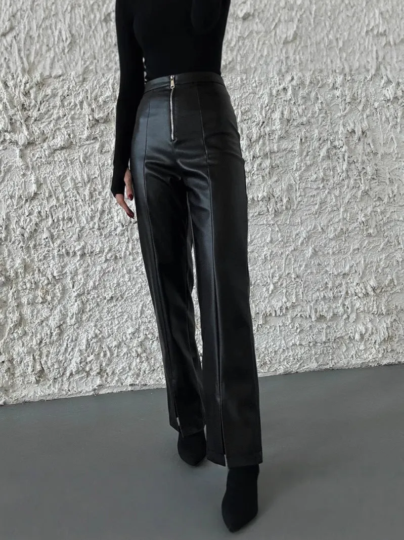Chic High-Waisted Faux Leather Wide-Leg Pants with Zipper Details