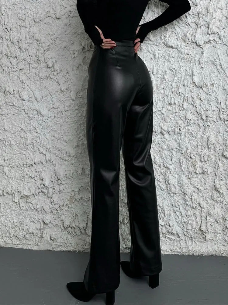 Chic High-Waisted Faux Leather Wide-Leg Pants with Zipper Details