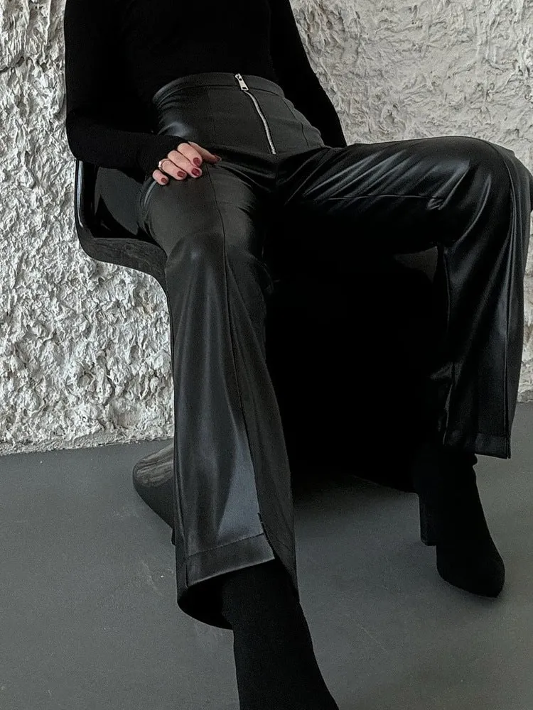 Chic High-Waisted Faux Leather Wide-Leg Pants with Zipper Details