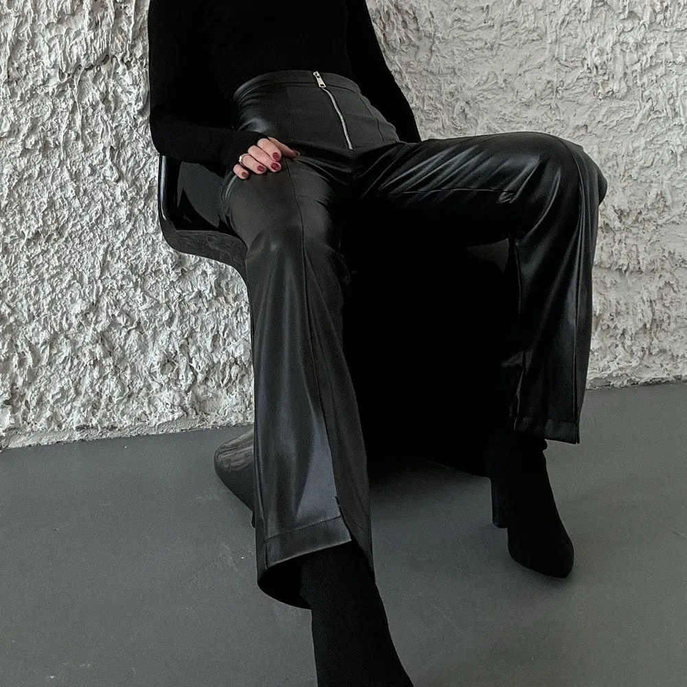 Chic High-Waisted Faux Leather Wide-Leg Pants with Zipper Details