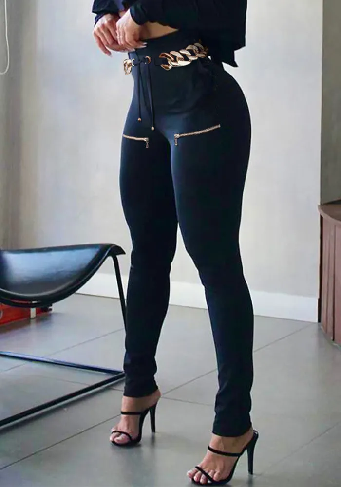 Chic High-Waisted Lace-Up Pants with Gold Chain Belt Detail