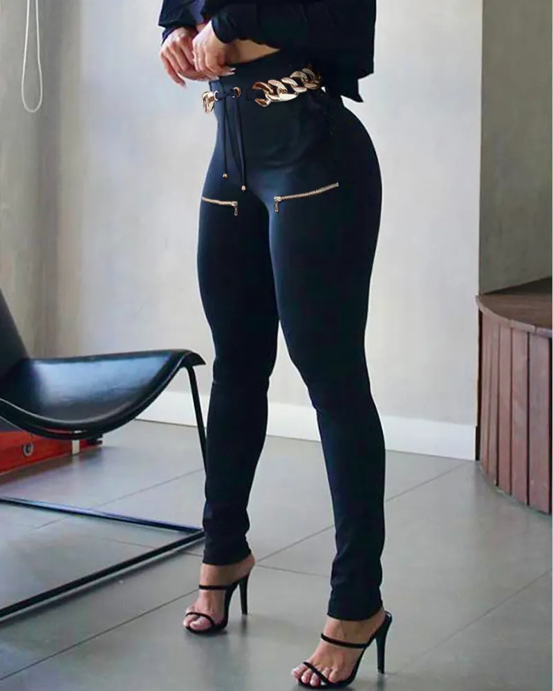 Chic High-Waisted Lace-Up Pants with Gold Chain Belt Detail