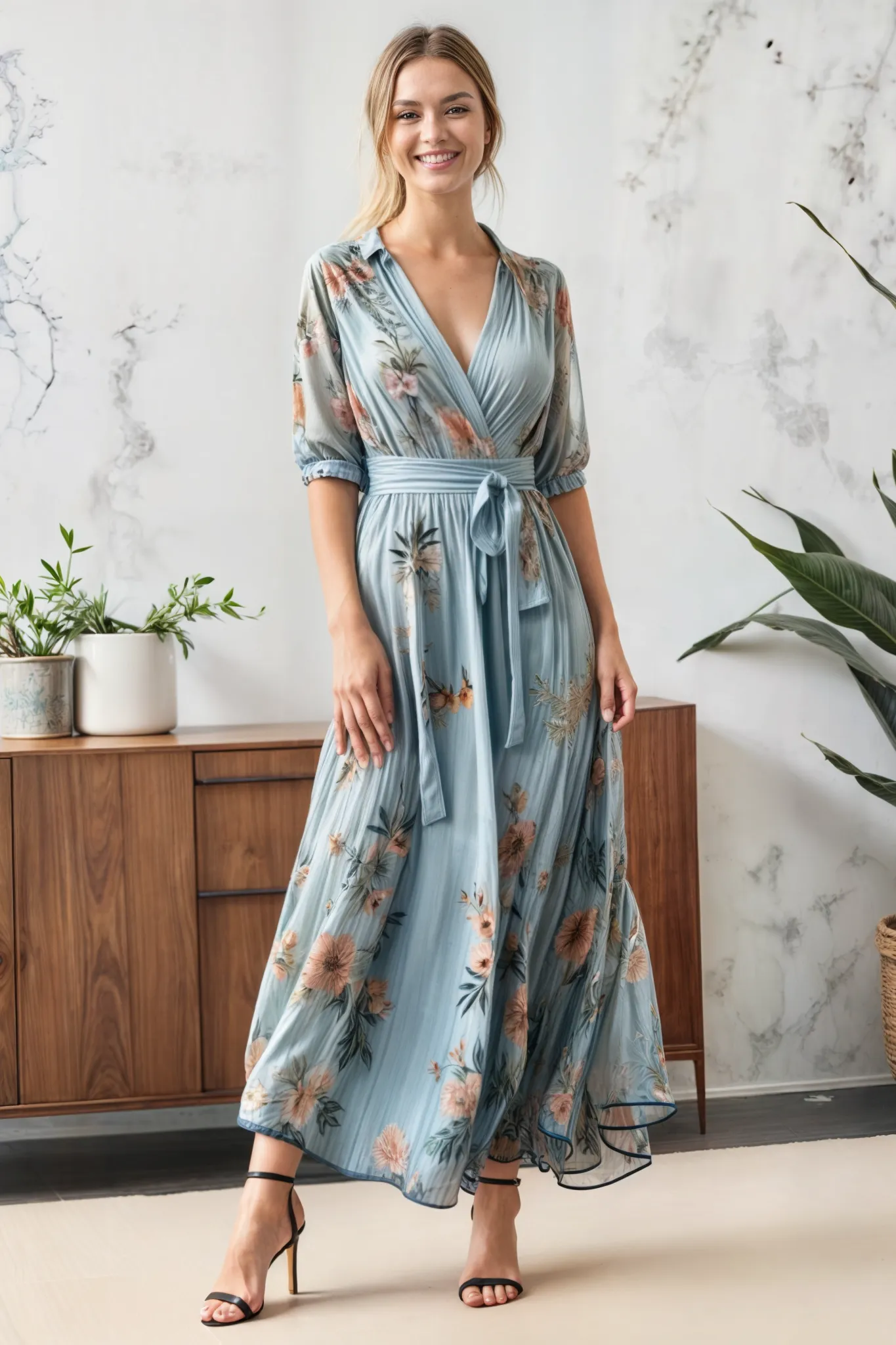 Chic Nicola V-Neck Midi Dress for Effortless Elegance
