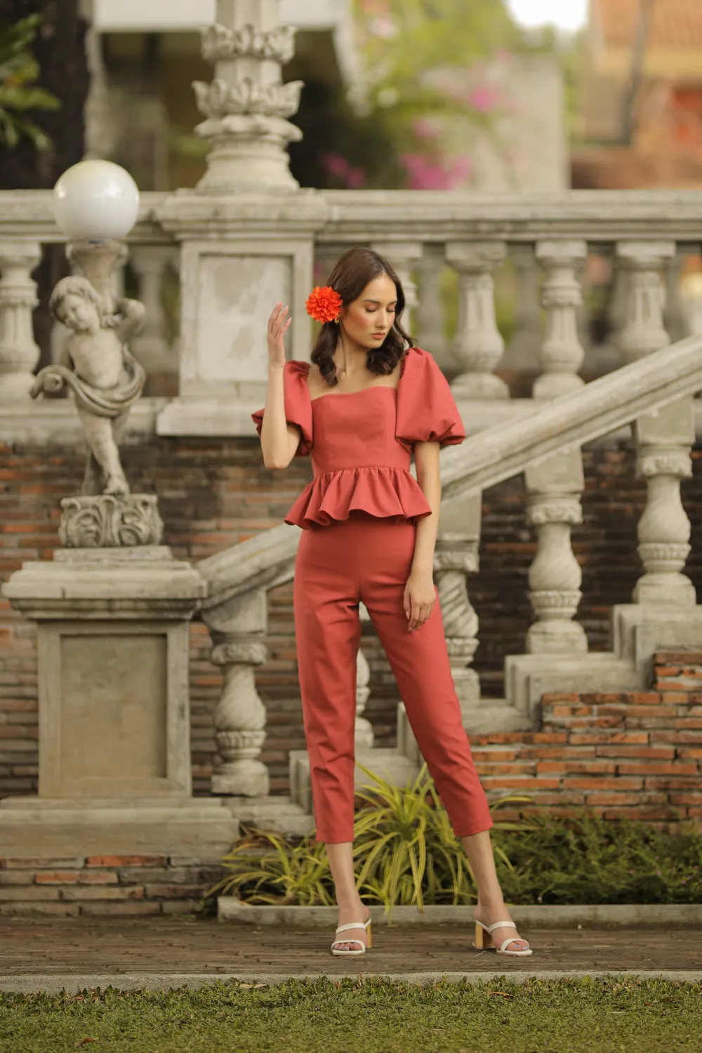 CLARA PANTS SET Peplum Puff Sleeve Blouse (Rust Linen)