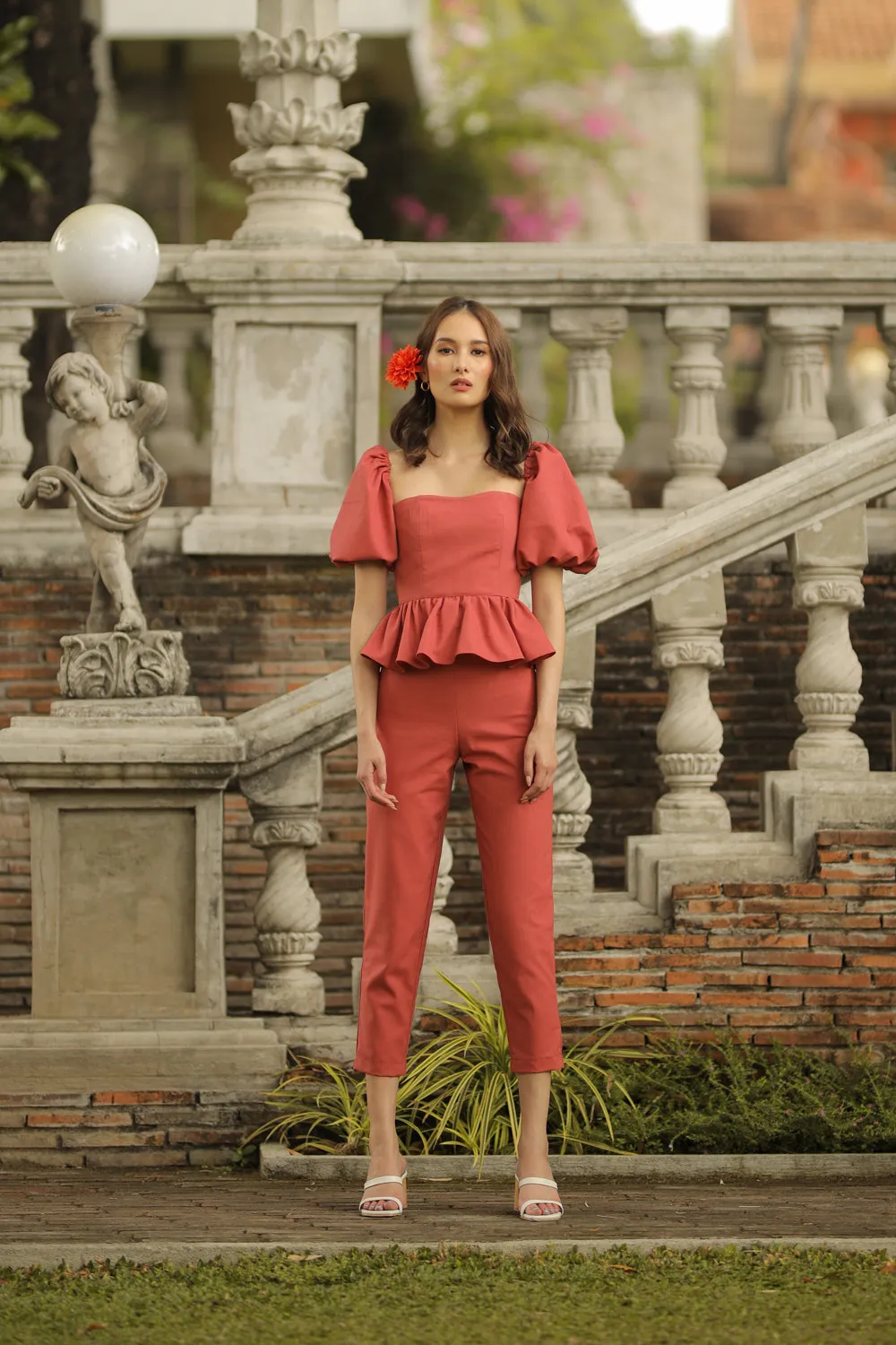 CLARA PANTS SET Peplum Puff Sleeve Blouse (Rust Linen)