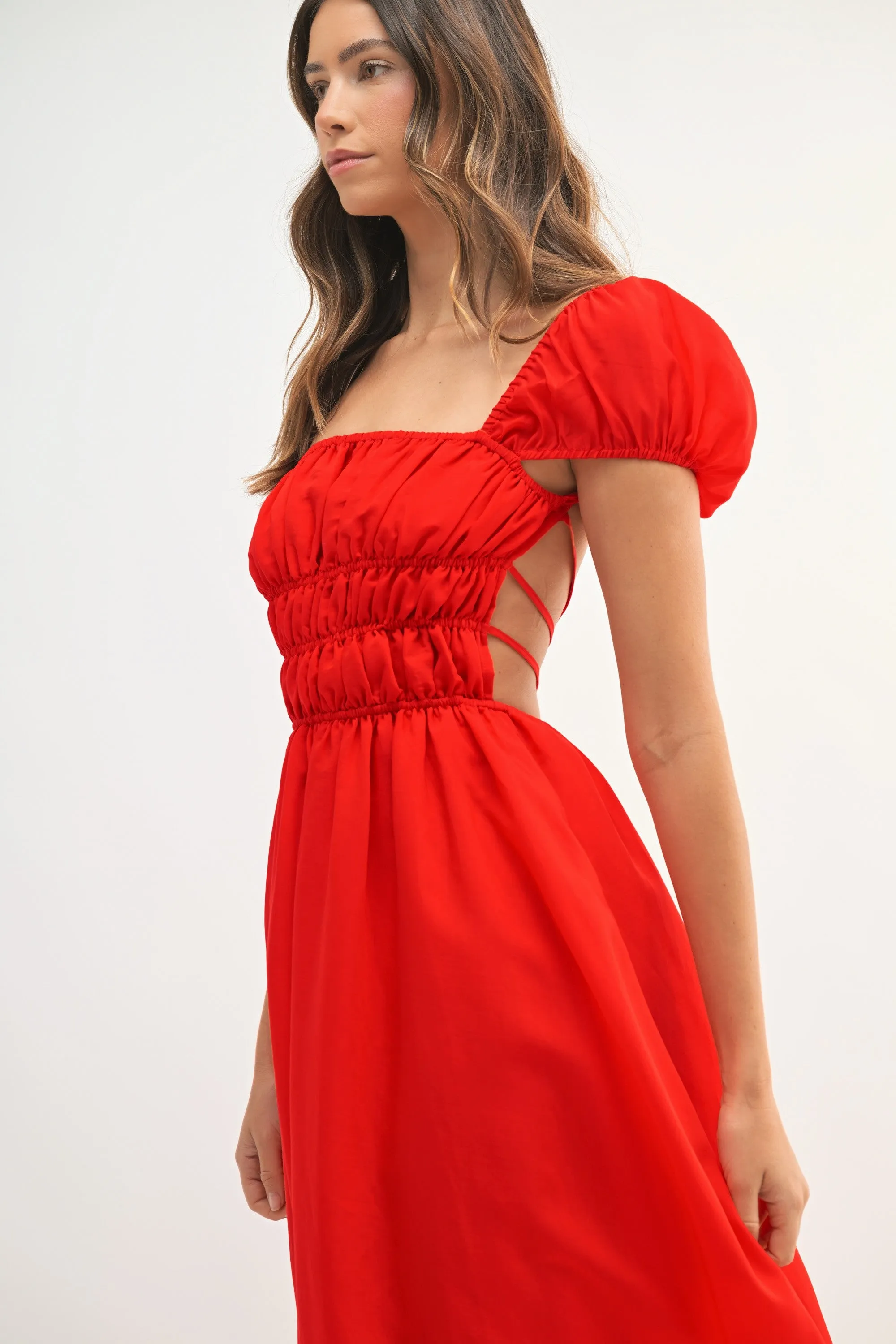 Clarice Open Back Ruched Midi Dress