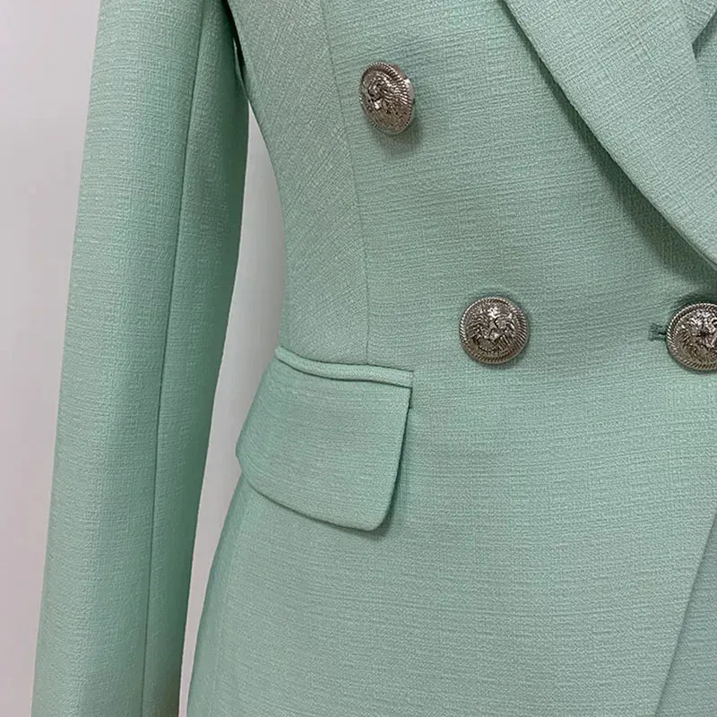 Classic Baroque Designer Jacket Women's Metal Lion Buttons Double Breasted Textured Blazer Mint Green