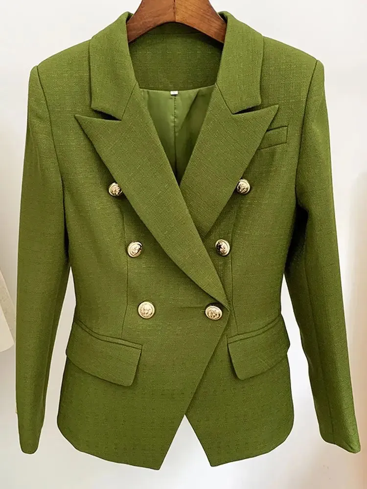 Classic Baroque Designer Jacket Women's Metal Lion Buttons Double Breasted Textured Blazer Mint Green
