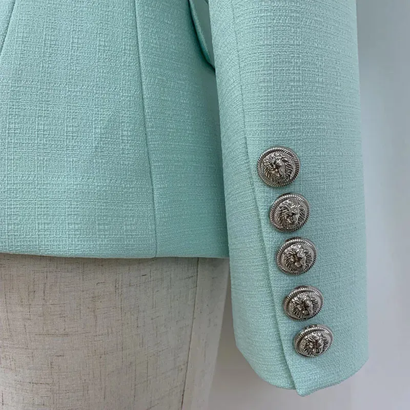 Classic Baroque Designer Jacket Women's Metal Lion Buttons Double Breasted Textured Blazer Mint Green